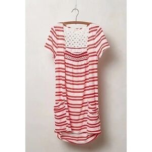 Anthropologie MEADOW RUE Marin Striped Top Smocked Knit‎ Red White Medium